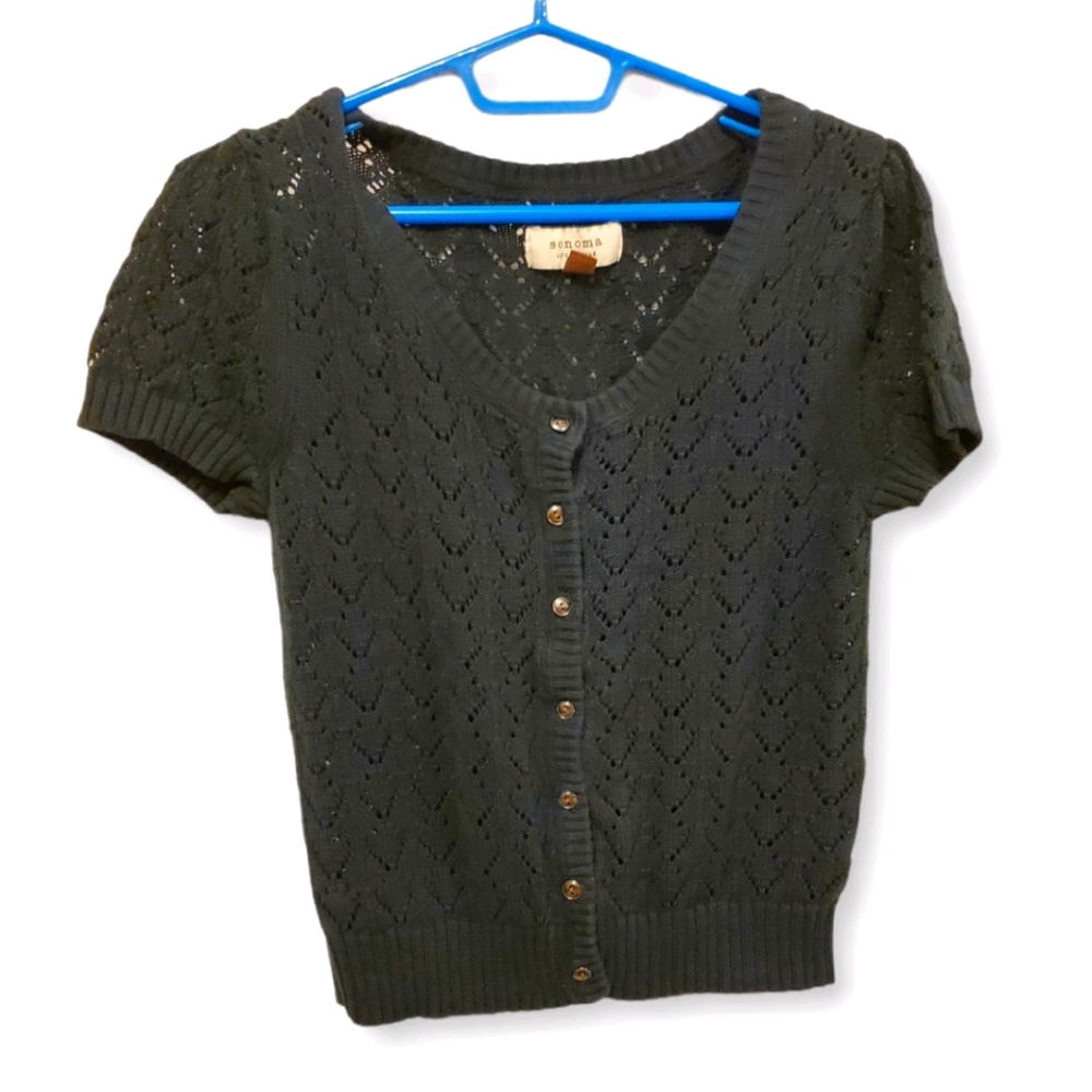 Sonoma Short Sleeve Knit Button Down Black Top